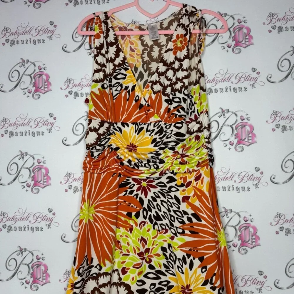 Floral dress cinching ribbon 🎀 tie shoulder stretchy slinky flowers hippie - Picture 7 of 12